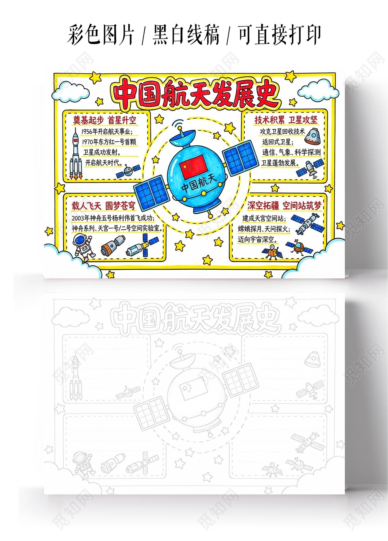 彩色卡通手绘中国航天发展史小报手抄报小学生手抄报