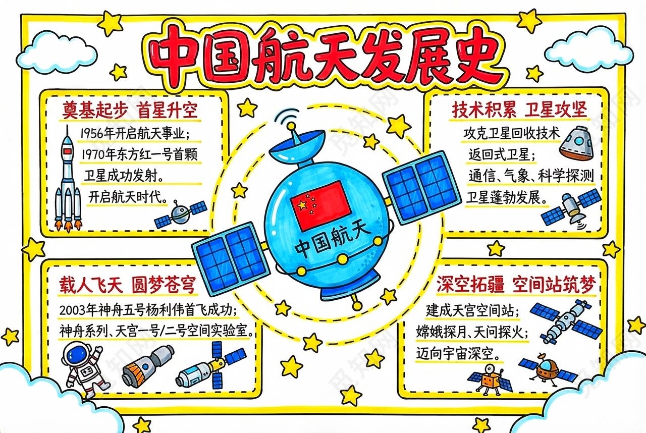 彩色卡通手绘中国航天发展史小报手抄报小学生手抄报