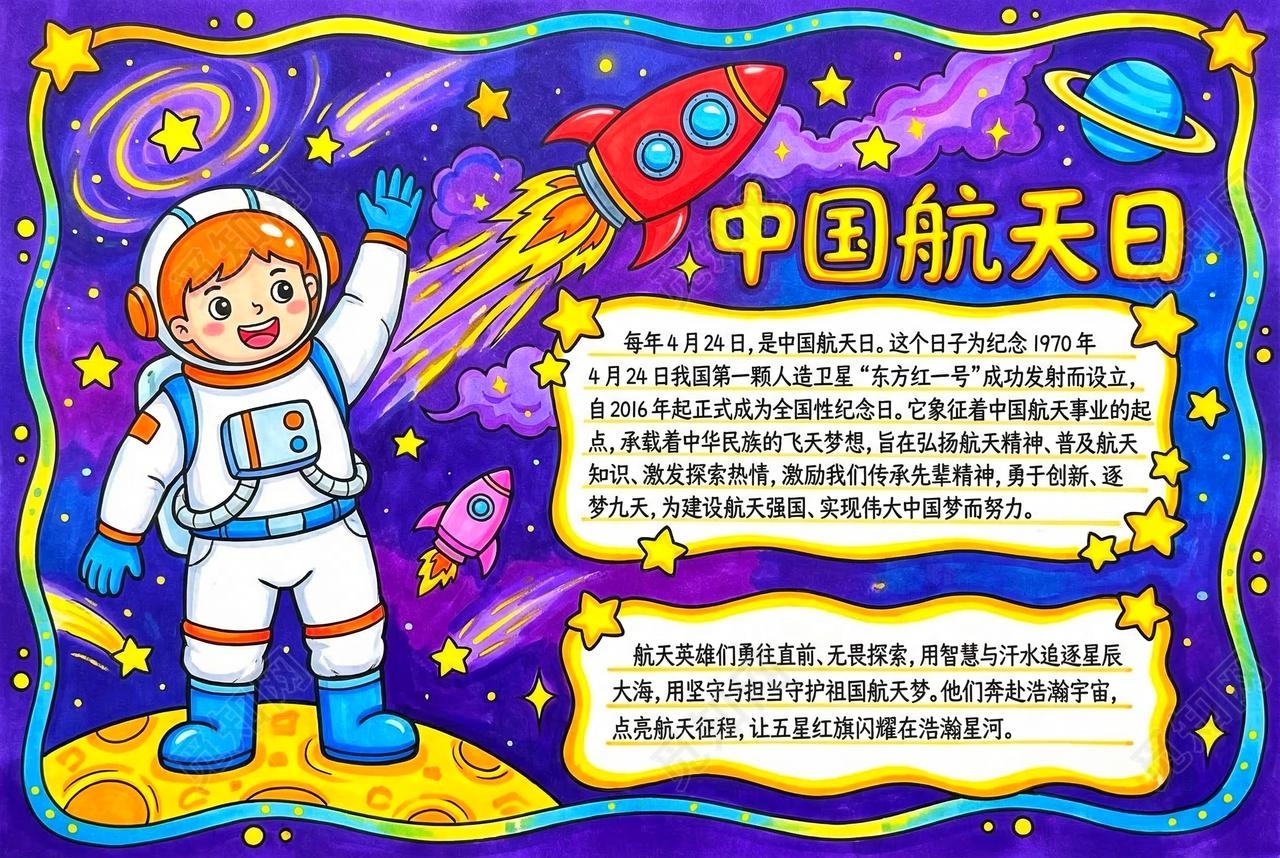 彩色卡通手绘中国航天日小报手抄报小学生手抄报