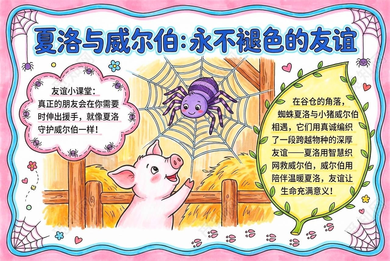 彩色卡通手绘夏洛与威尔伯永不褪色的友谊小报手抄报小学生手抄报