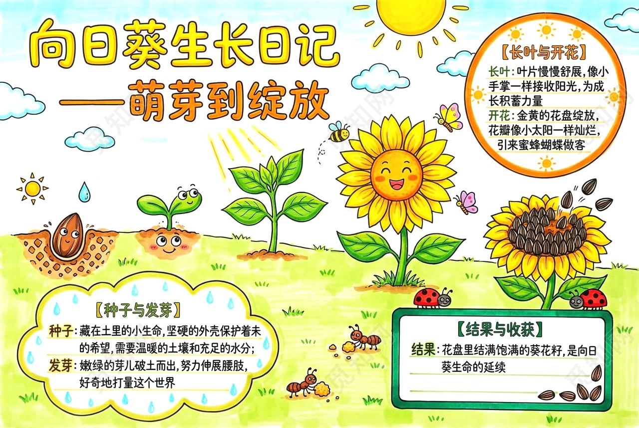 彩色卡通手绘向日葵成长记小报手抄报小学生手抄报