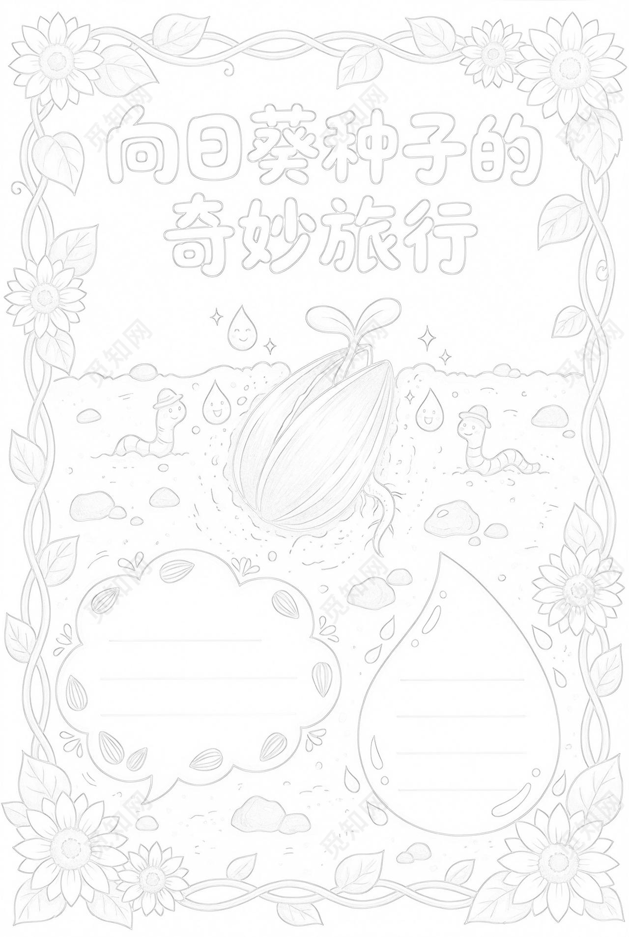 彩色卡通手绘向日葵种子的奇妙旅行小报手抄报小学生手抄报