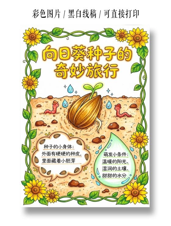 彩色卡通手绘向日葵种子的奇妙旅行小报手抄报小学生手抄报