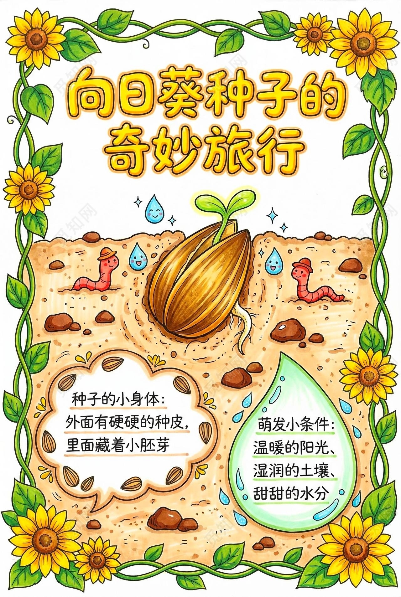 彩色卡通手绘向日葵种子的奇妙旅行小报手抄报小学生手抄报