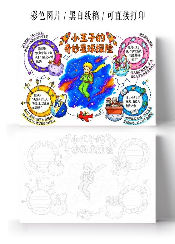 彩色卡通手绘小王子的奇妙星球探险小报手抄报小学生手抄报