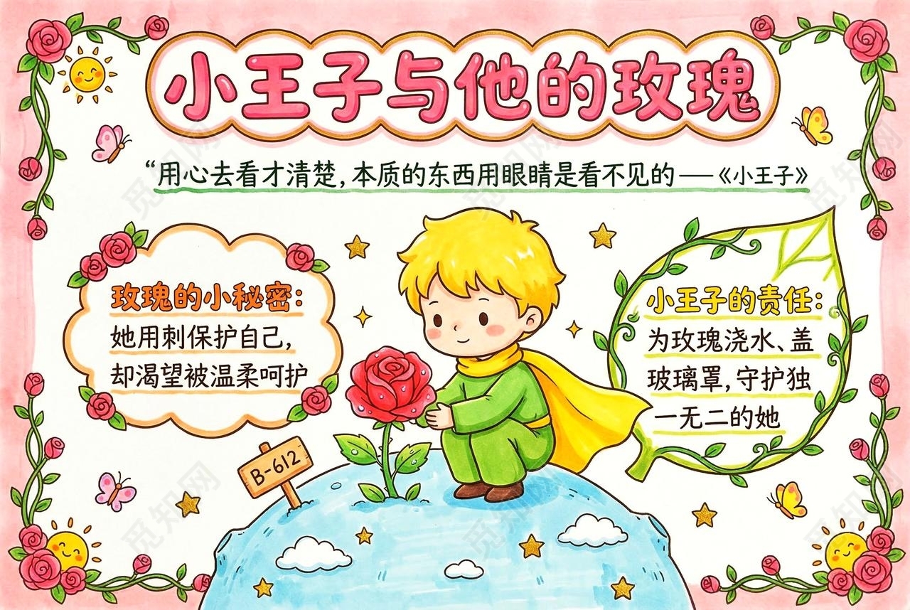 彩色卡通手绘小王子与他的玫瑰小报手抄报小学生手抄报