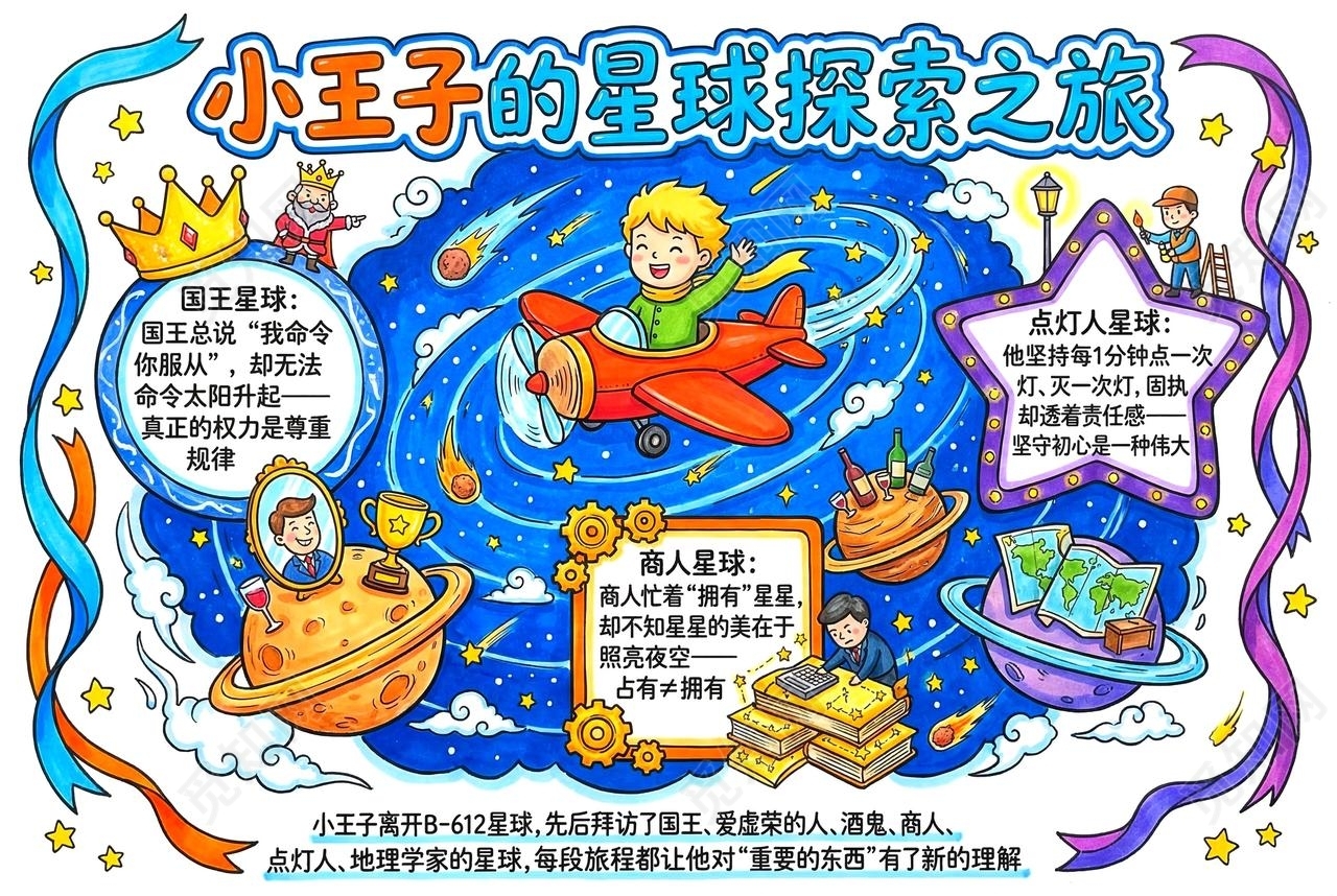 彩色卡通手绘小王子的星球探索之旅小报手抄报小学生手抄报