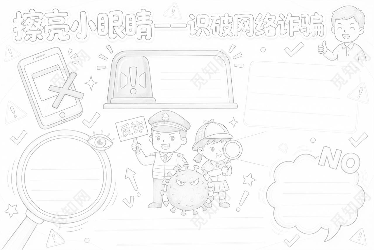 彩色卡通手绘擦亮小眼睛一识破网络诈骗小报手抄报小学生手抄报