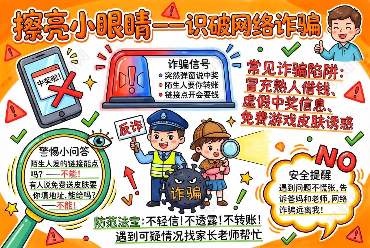 彩色卡通手绘擦亮小眼睛一识破网络诈骗小报手抄报小学生手抄报