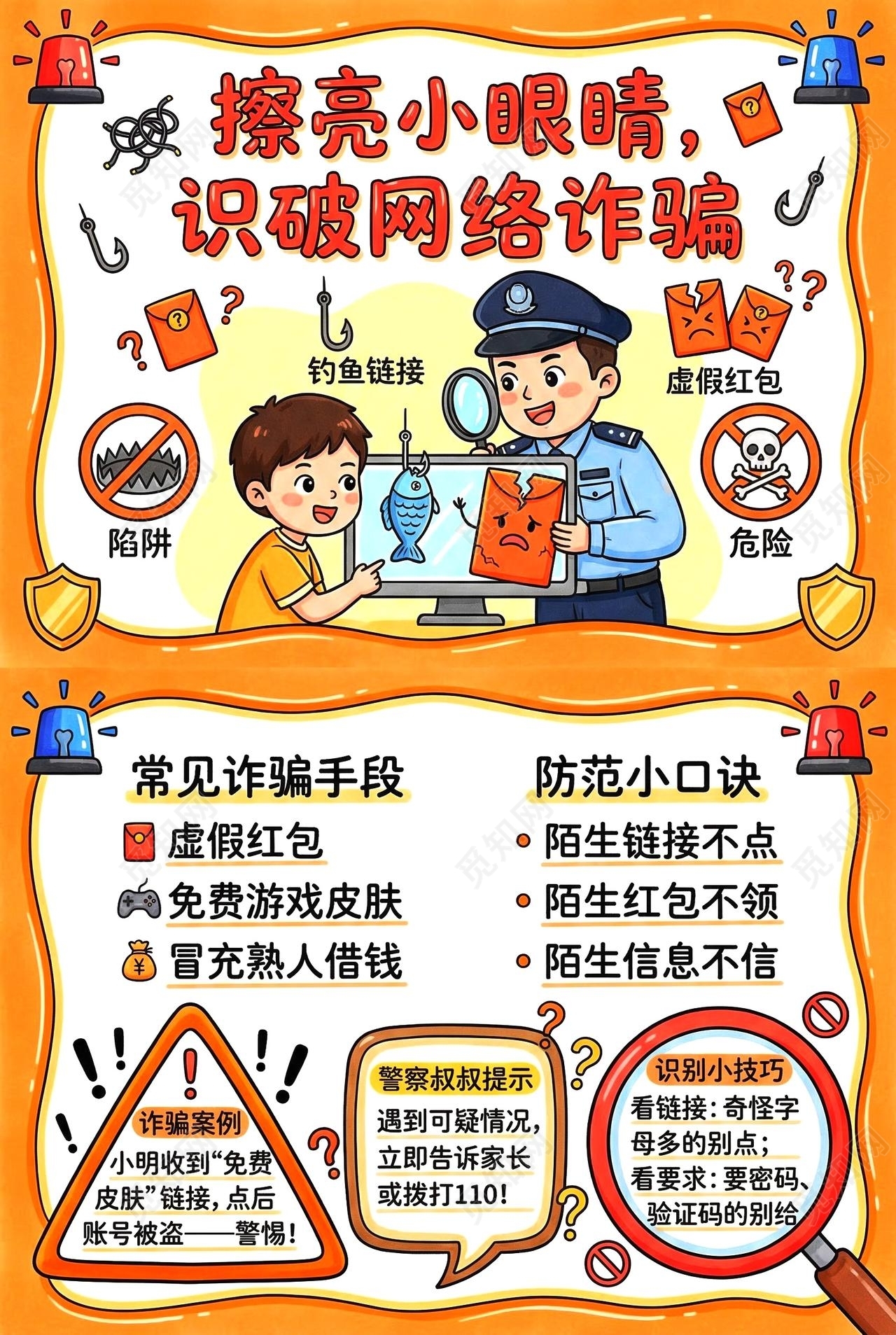 彩色卡通手绘擦亮小眼睛识破网络诈骗小报手抄报小学生手抄报