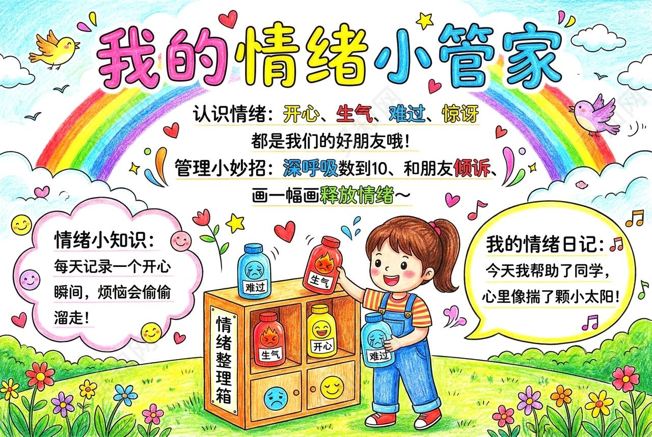 彩色卡通手绘我的情绪小管家小报手抄报小学生手抄报