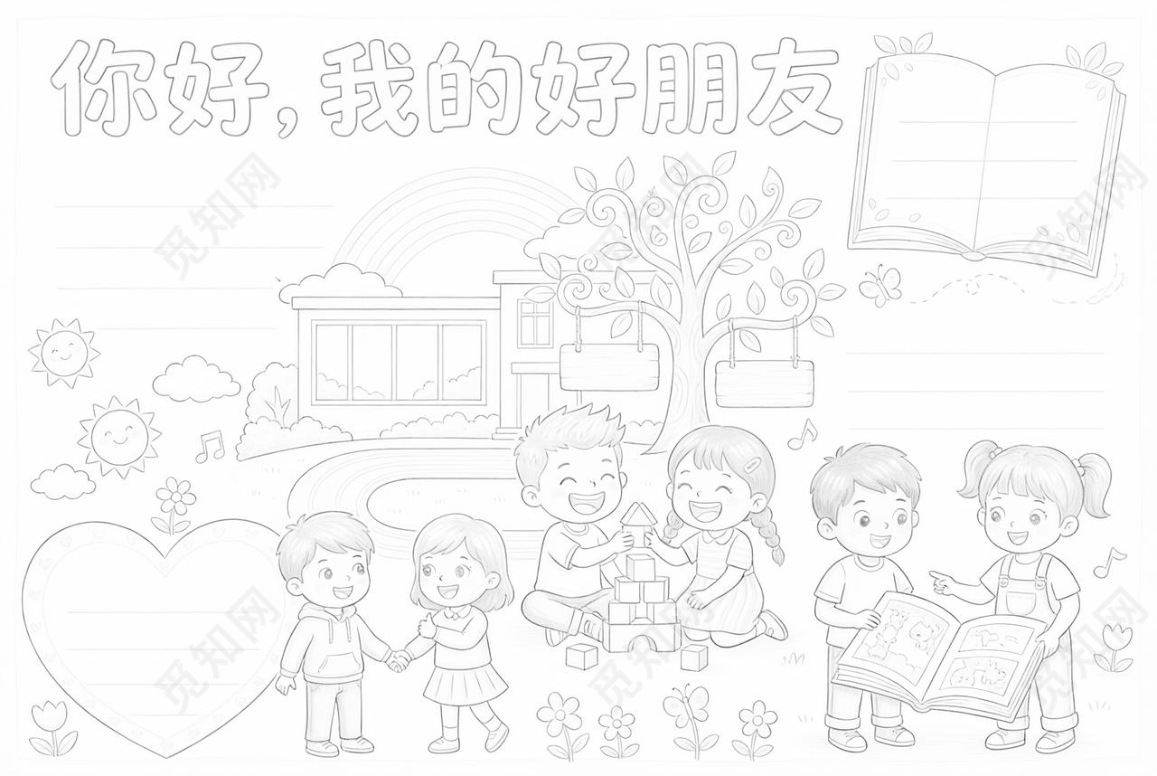 彩色卡通手绘你好我的好朋友小报手抄报小学生手抄报