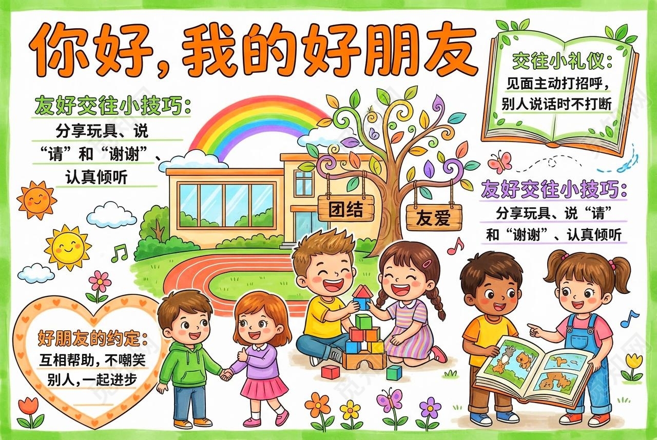 彩色卡通手绘你好我的好朋友小报手抄报小学生手抄报