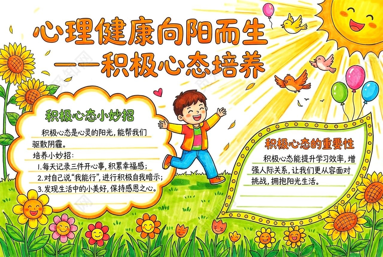 彩色卡通手绘心理健康向阳而生一积极心态培养小报手抄报小学生手抄报
