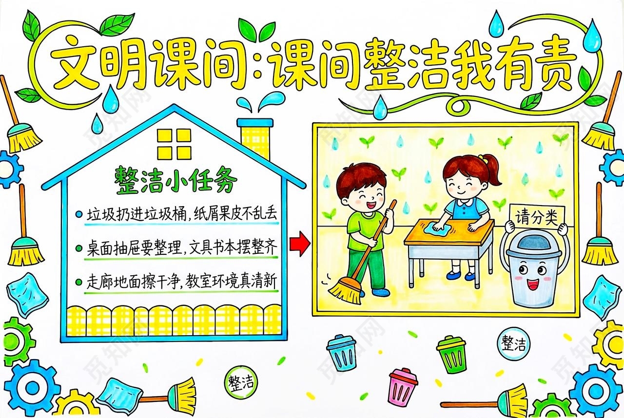 彩色卡通手绘文明课间课间整洁我有责小报手抄报小学生手抄报