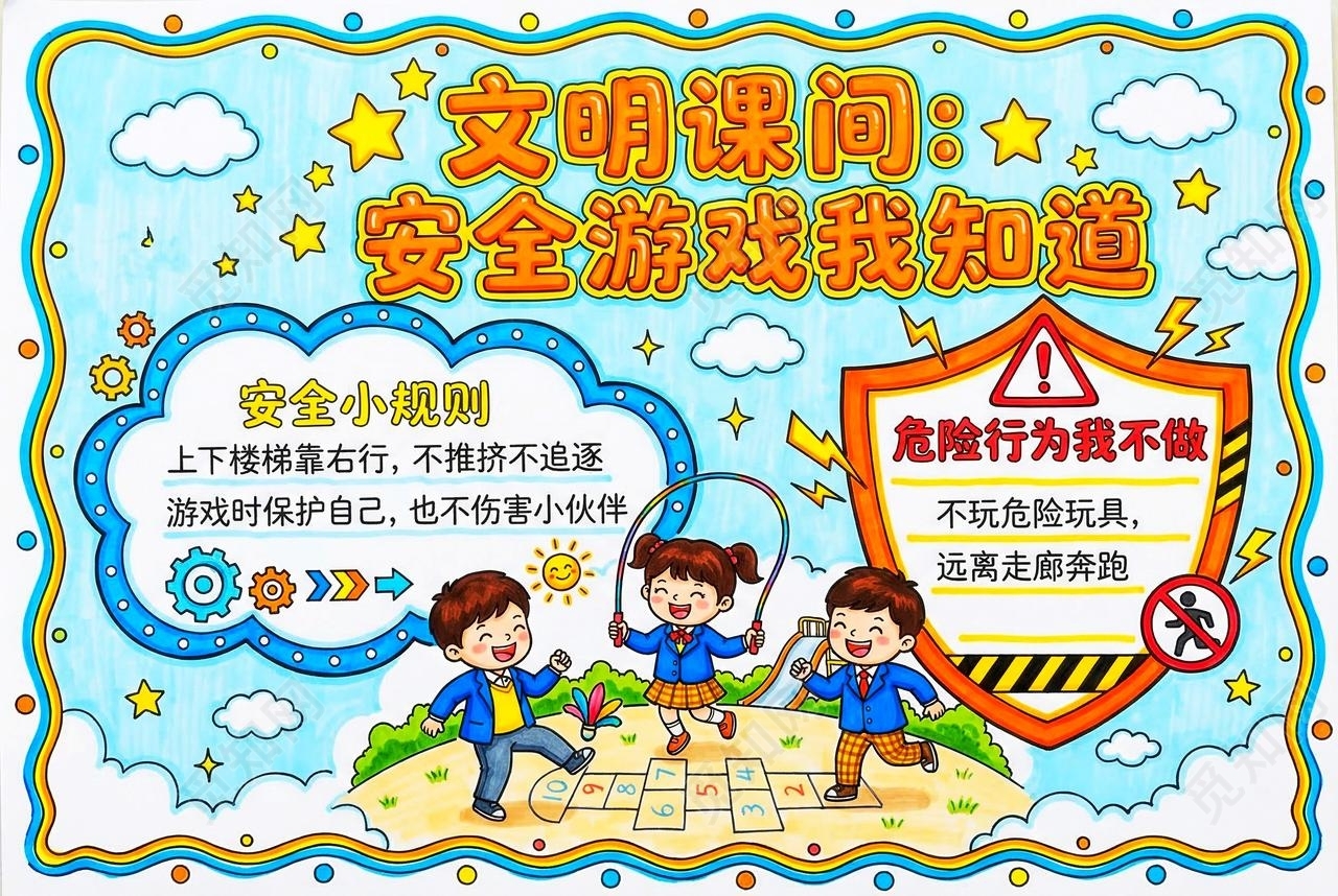 彩色卡通手绘文明课问 安全游戏我知道小报手抄报小学生手抄报