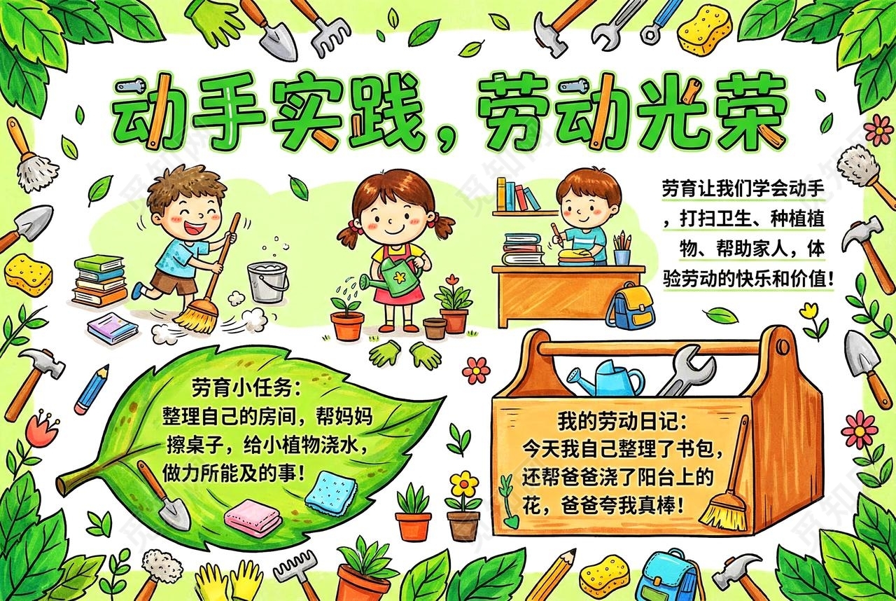 彩色卡通手绘动手实践劳动光荣小报手抄报小学生手抄报