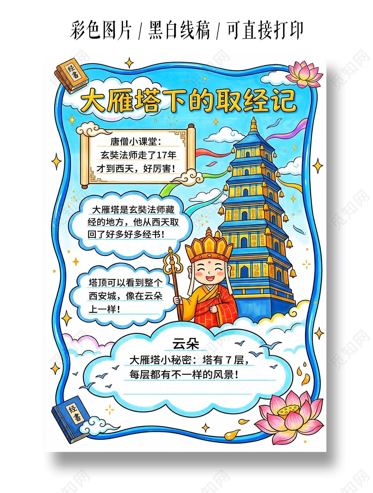 彩色卡通手绘大雁塔下的取经记小报手抄报小学生手抄报