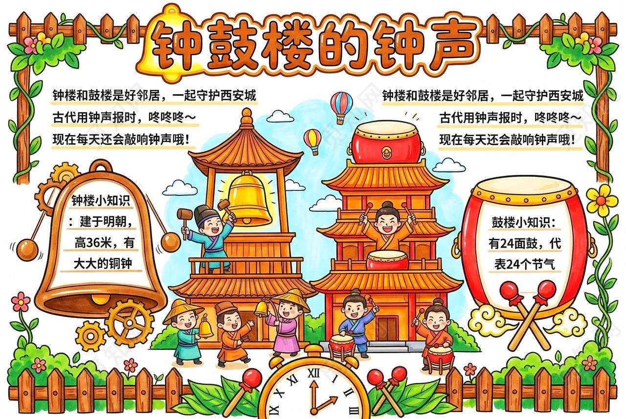 彩色卡通手绘钟鼓楼的钟声小报手抄报小学生手抄报