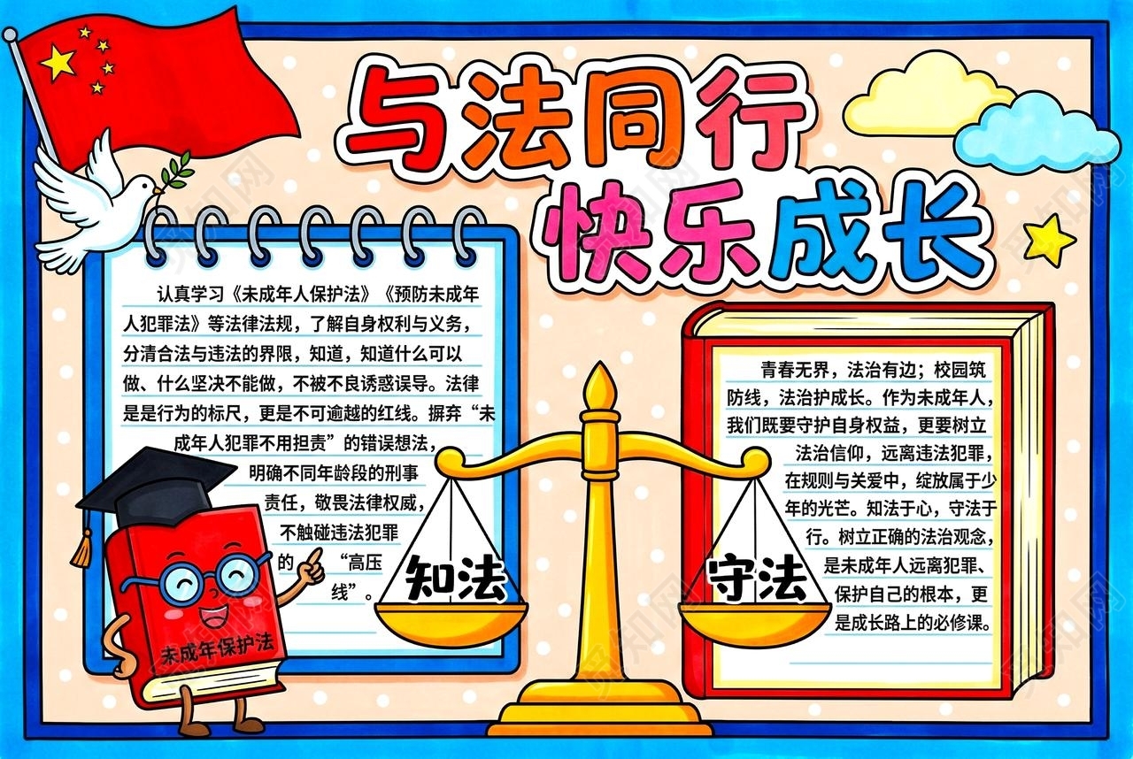 彩色卡通手绘与法同行快乐成长小报手抄报小学生手抄报