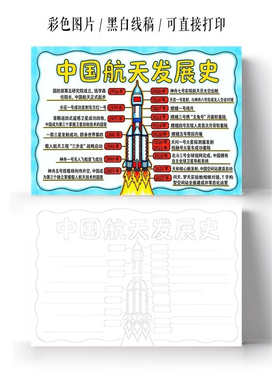 彩色卡通手绘中国航天发展史小报手抄报小学生手抄报