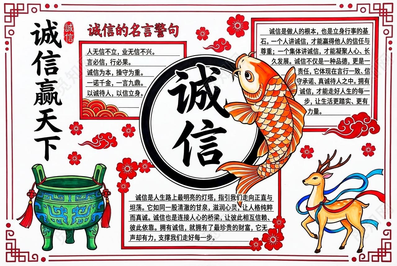 彩色卡通手绘诚信赢天下小报手抄报小学生手抄报