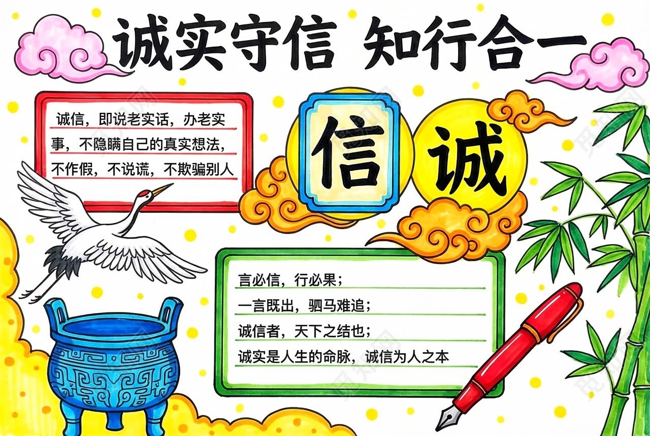 彩色卡通手绘诚实守信知行合一小报手抄报小学生手抄报