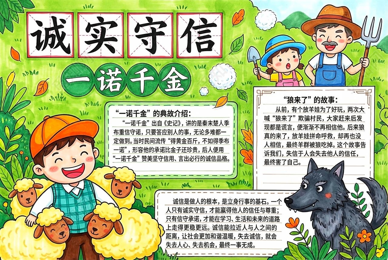 彩色卡通手绘诚实守诺小报手抄报小学生手抄报
