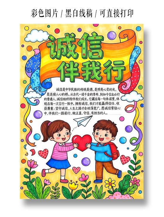 彩色卡通手绘诚信伴我行小报手抄报小学生手抄报