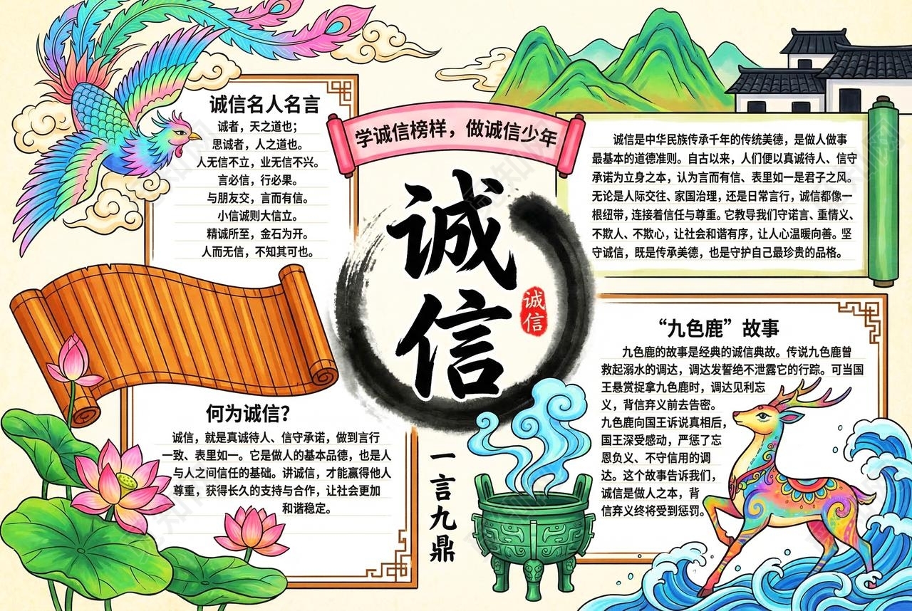 彩色卡通手绘诚信小报手抄报小学生手抄报