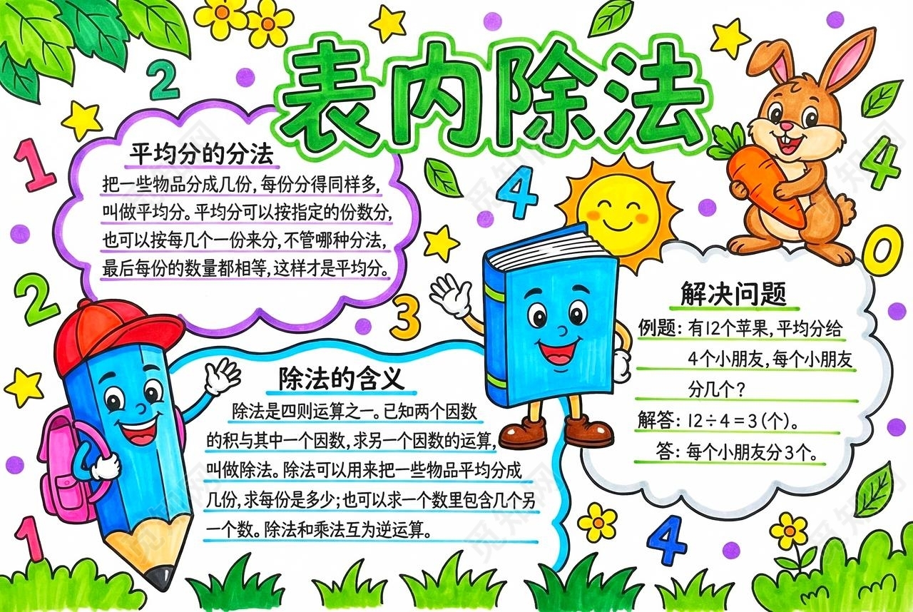 彩色卡通手绘表内除法小报手抄报小学生手抄报