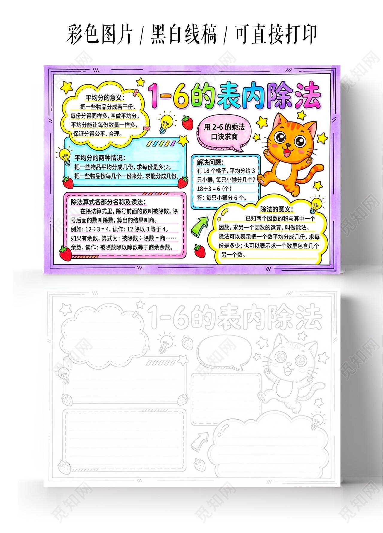 彩色卡通手绘16的表内除法小报手抄报小学生手抄报