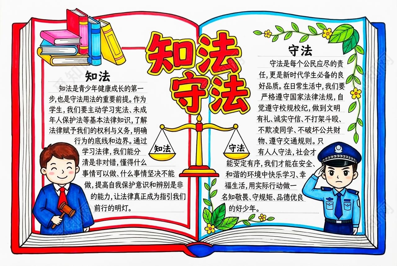 彩色卡通手绘知法守法小报手抄报小学生手抄报