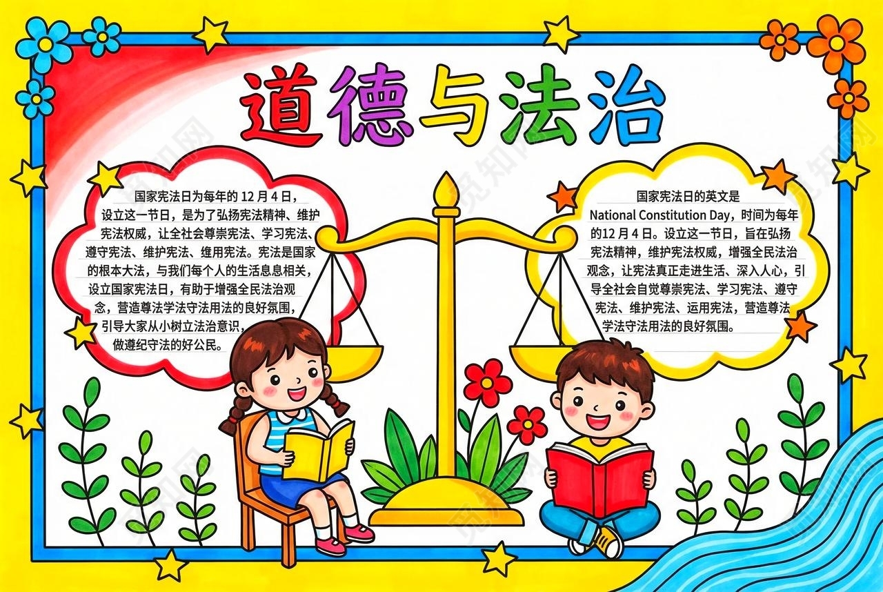 彩色卡通手绘道德与法治小报手抄报小学生手抄报