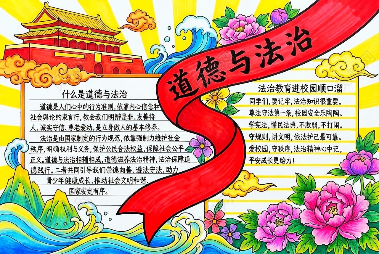 彩色卡通手绘道德与法治小报手抄报小学生手抄报