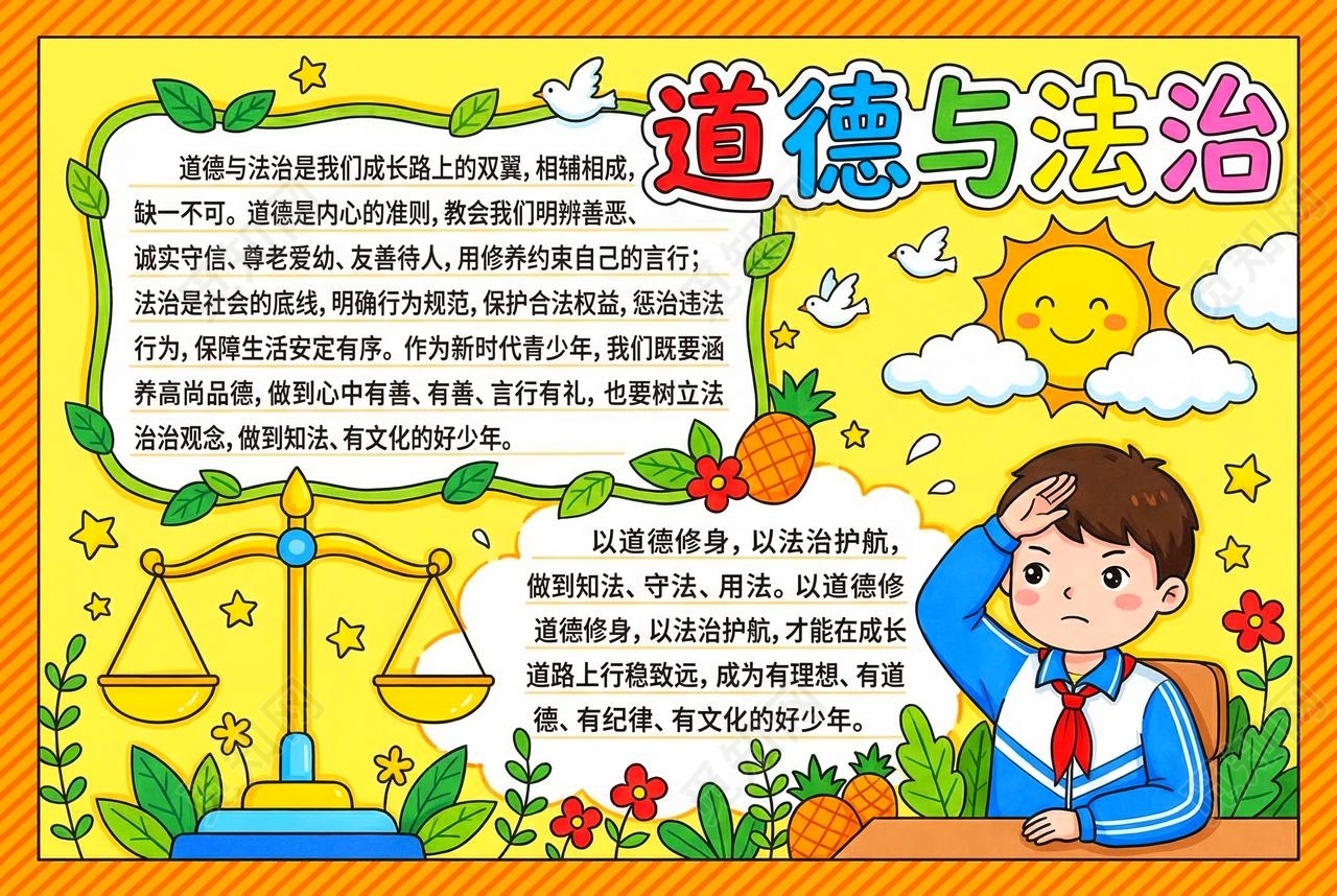 彩色卡通手绘道德与法治小报手抄报小学生手抄报