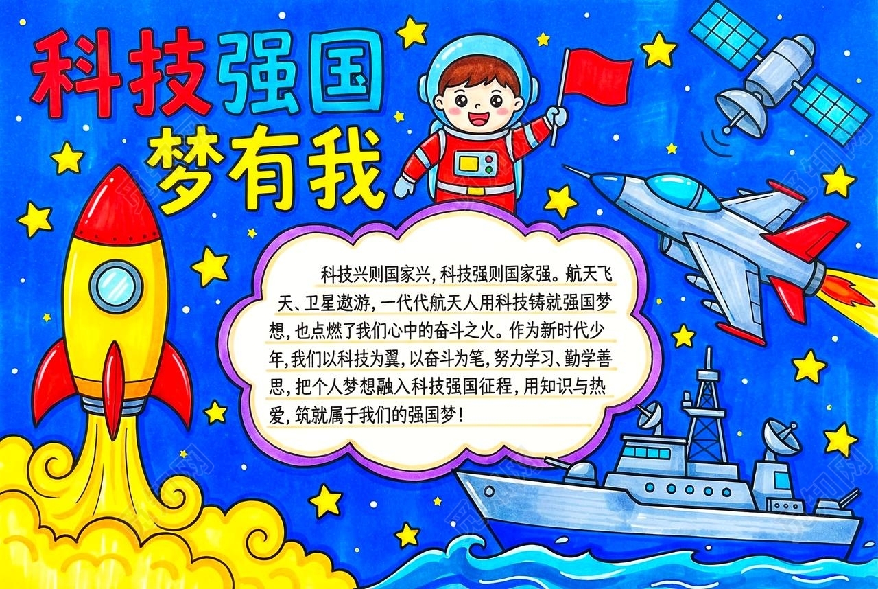 彩色卡通手绘科技强国梦有我小报手抄报小学生手抄报航天科技未来