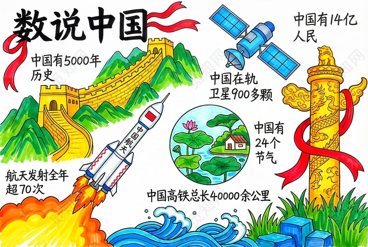 彩色卡通手绘数说中国小报手抄报小学生手抄报