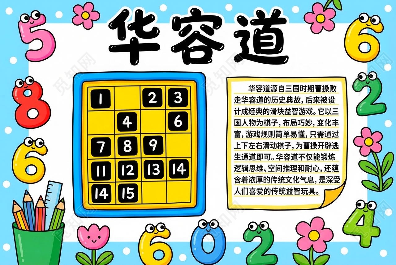 彩色卡通手绘华容道小报手抄报小学生手抄报