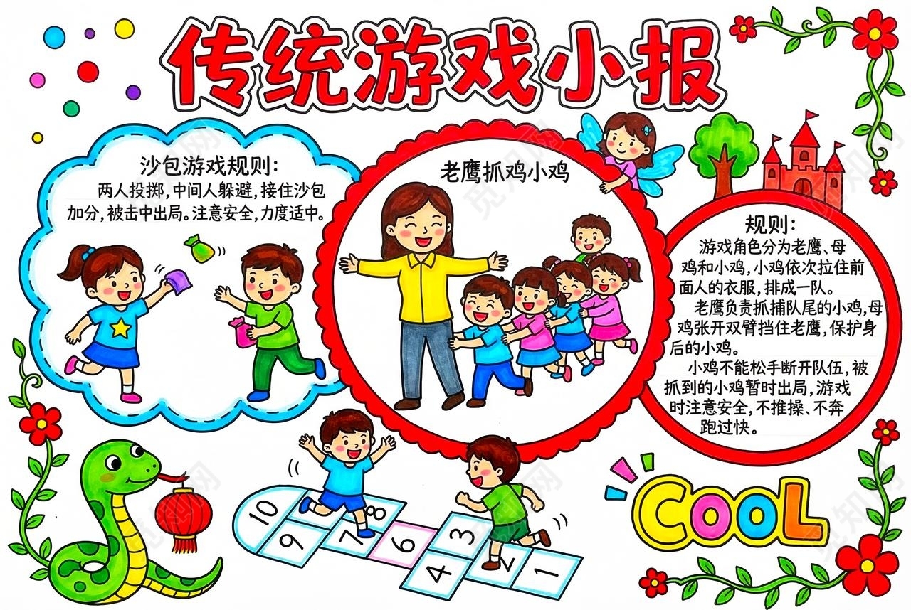 彩色卡通手绘传统游戏小报手抄报小学生手抄报