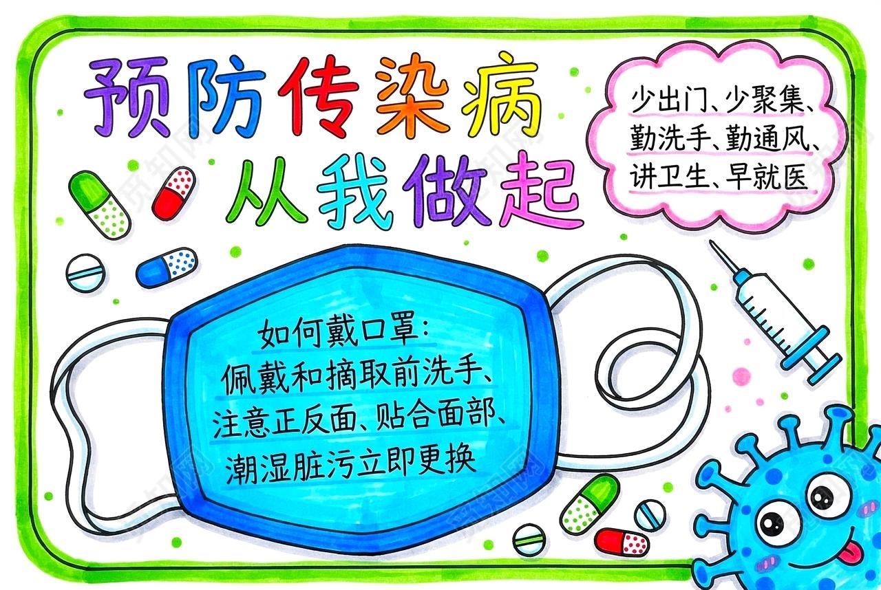 彩色卡通手绘预防传染病从我做起小报手抄报小学生手抄报