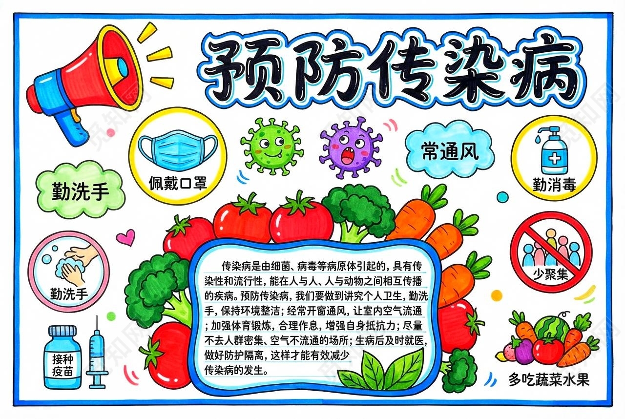 彩色卡通手绘预防传染病小报手抄报小学生手抄报