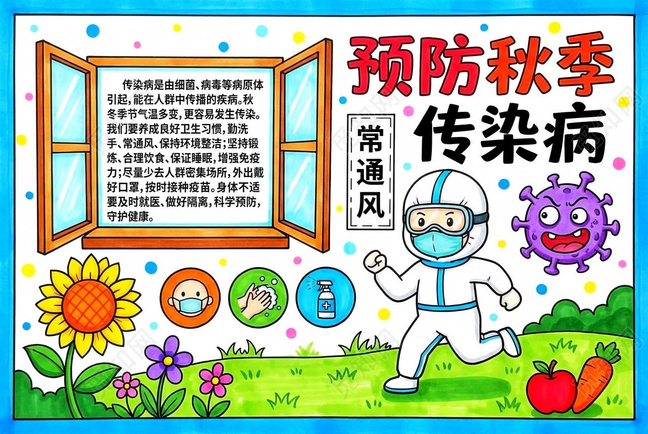 彩色卡通手绘预防秋季传染病小报手抄报小学生手抄报