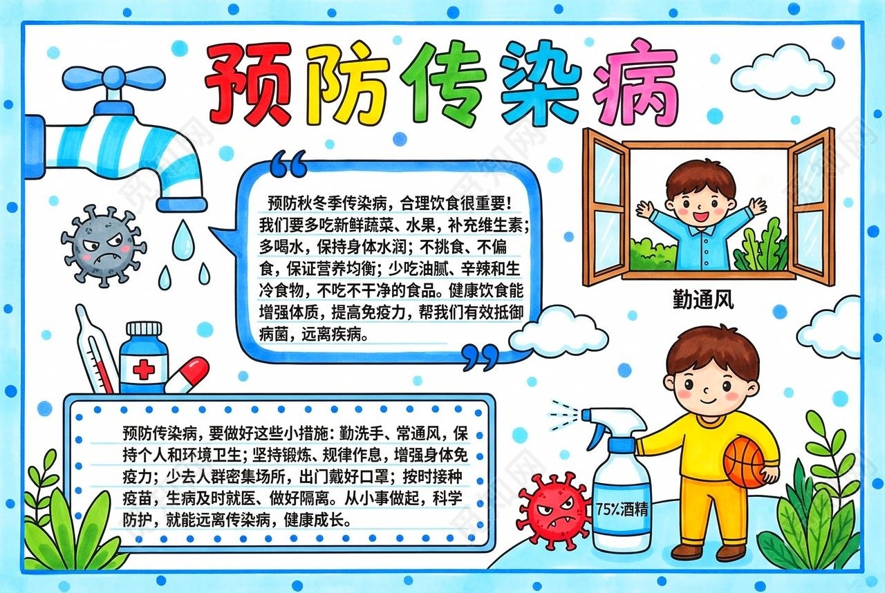彩色卡通手绘预防传染病小报手抄报小学生手抄报