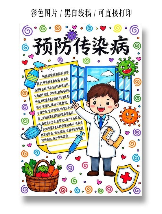 彩色卡通手绘预防传染病小报手抄报小学生手抄报