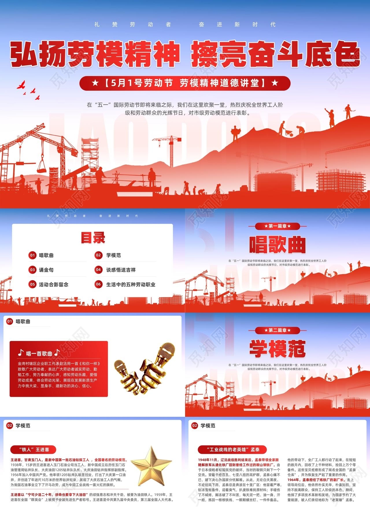 红色简约风劳模精神道德讲堂PPT模板劳动节