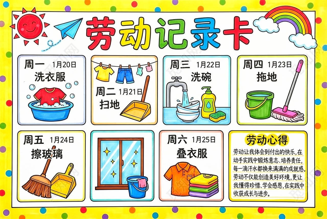 彩色卡通手绘劳动记录卡小报手抄报小学生手抄报
