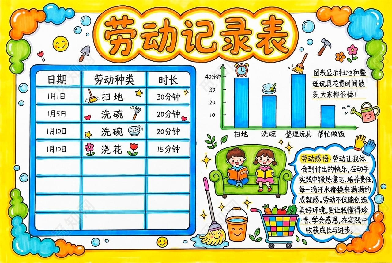 彩色卡通手绘劳动记录表小报手抄报小学生手抄报