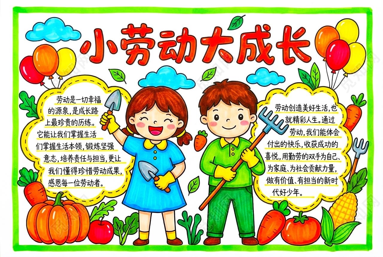 彩色卡通手绘小劳动大成长小报手抄报小学生手抄报