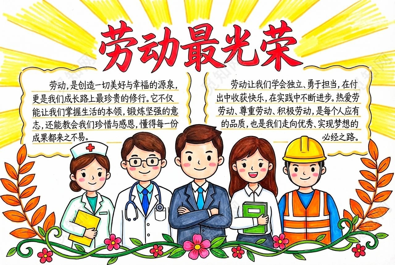 彩色卡通手绘劳动最光荣小报手抄报小学生手抄报五一劳动节